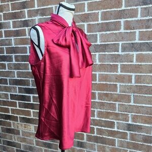 Black Label Evan Picone Red Satin Bow Neck Sleeveless Blouse Size L